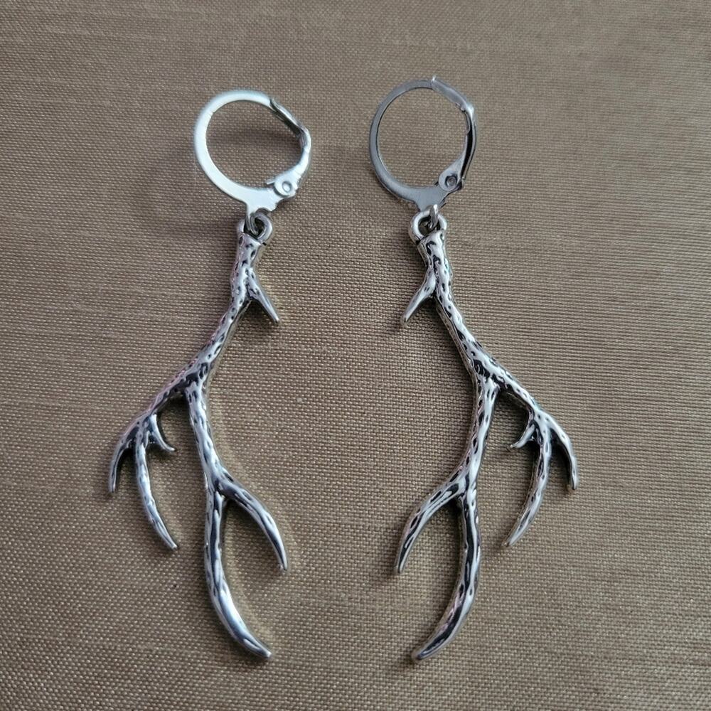 Silver tone boho antler earrings
